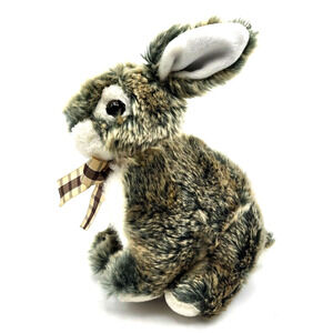 HOMERBEST Realistic Gray Bunny Rabbit Plush Fluffy 9" with Brown Plaid Bow